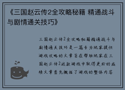 《三国赵云传2全攻略秘籍 精通战斗与剧情通关技巧》